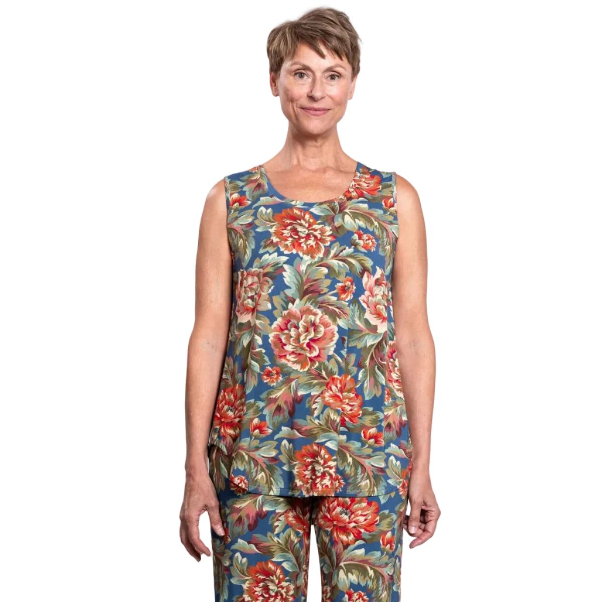 Blue Sky Jazz Tank in Vintage Khaki print shown on a model wearing matching capris, against a white background, shown from the front view.