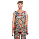 Blue Sky Jazz Tank in Vintage Khaki print shown on a model wearing matching capris, against a white background, shown from the front view.