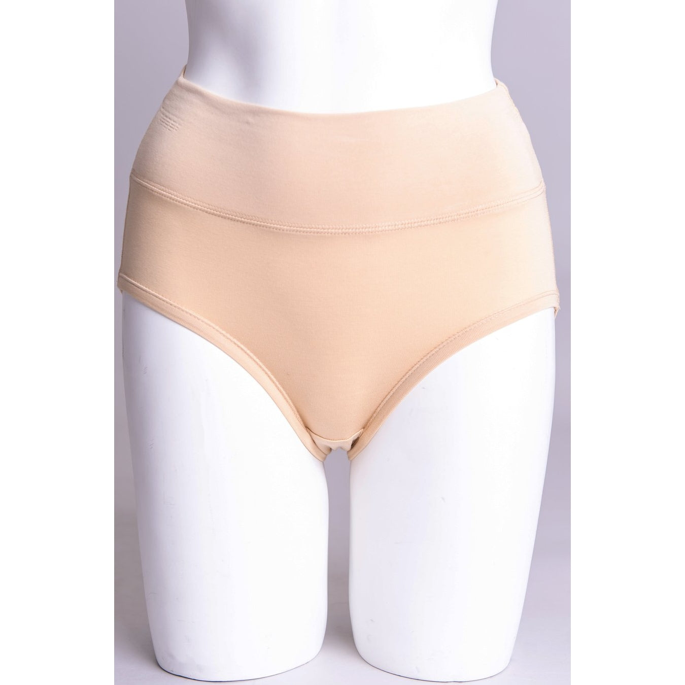 Blue Sky La Gaunche Full Brief in Beige shown on a mannequin against  white background, from the front view. 