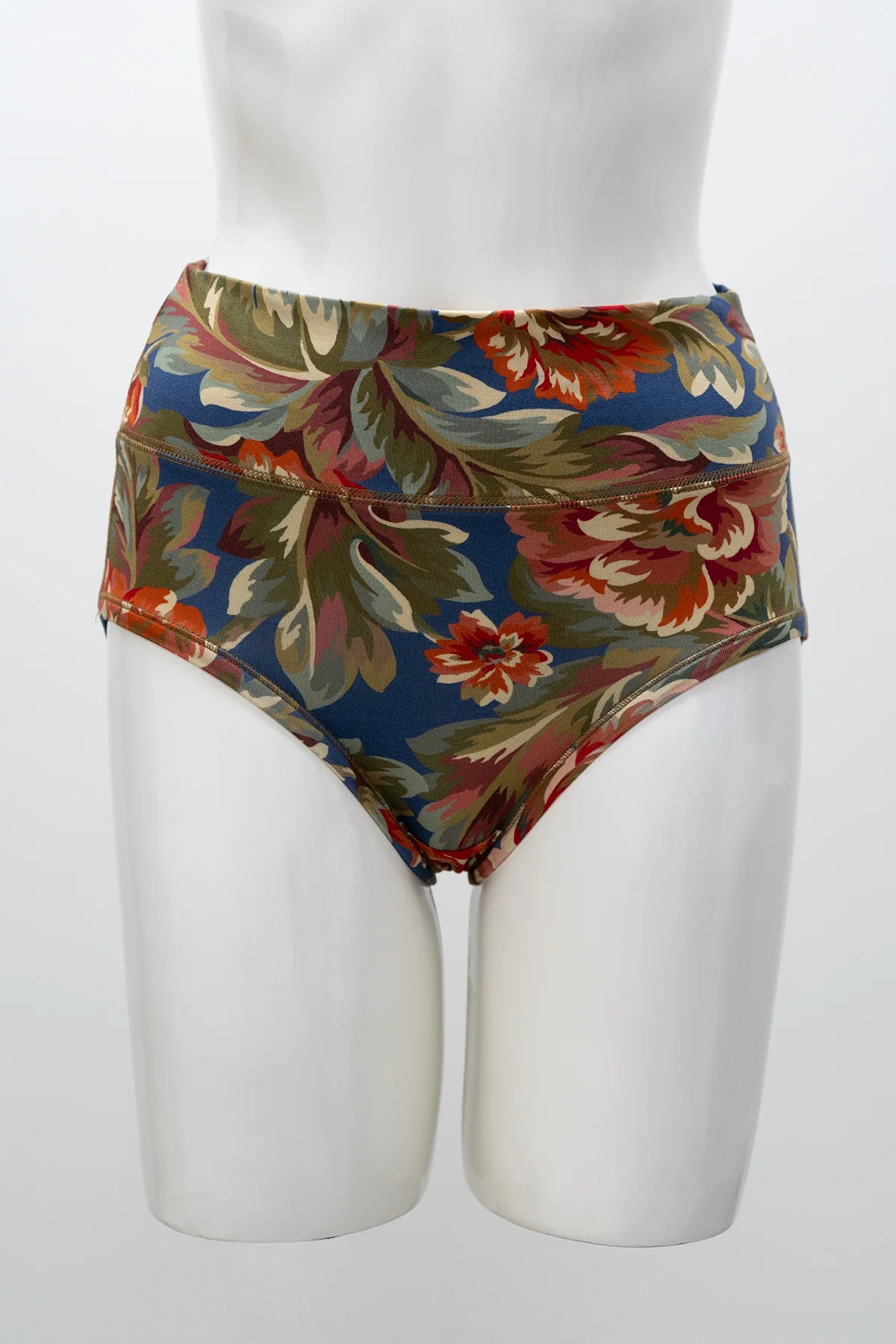 Blue Sky La Gaunche Full Brief in Khaki Vintage floral pattern shown on a mannequin against a white background, from the front view. 