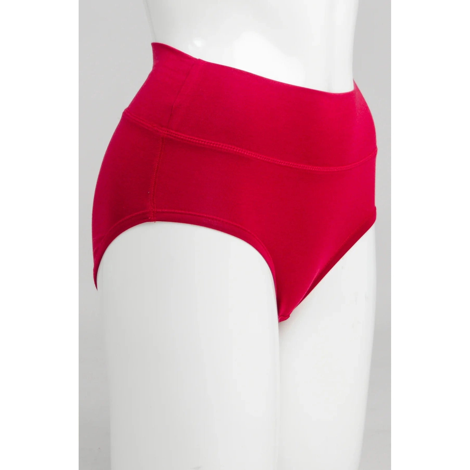 Blue Sky La Gaunche Full Brief in Lipstick Red shown on a mannequin against a white background, from the side view. 