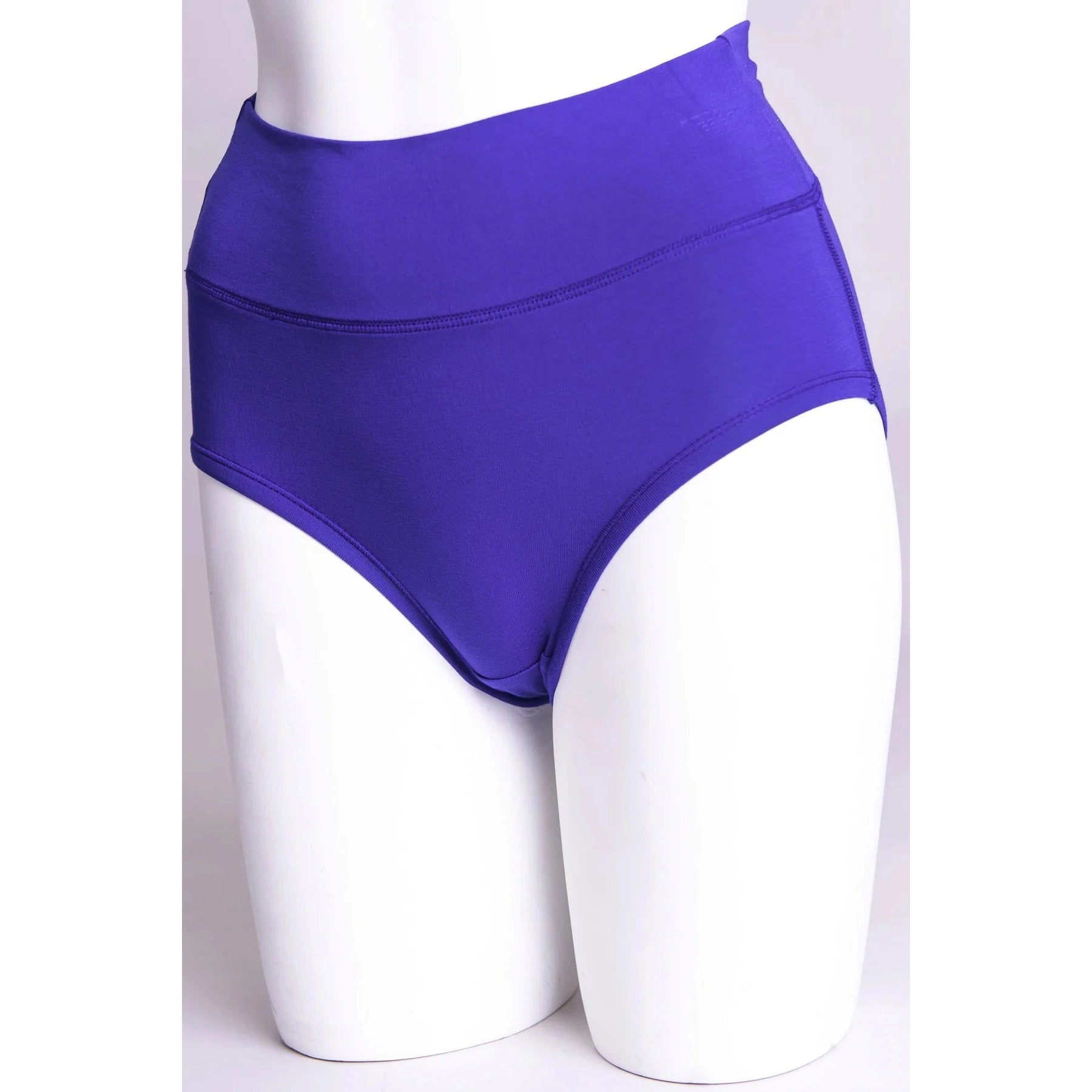 Blue Sky La Gaunche Full Brief in Violet, vibrant blue panty, shown on a mannequin against a white background, from the front view. 