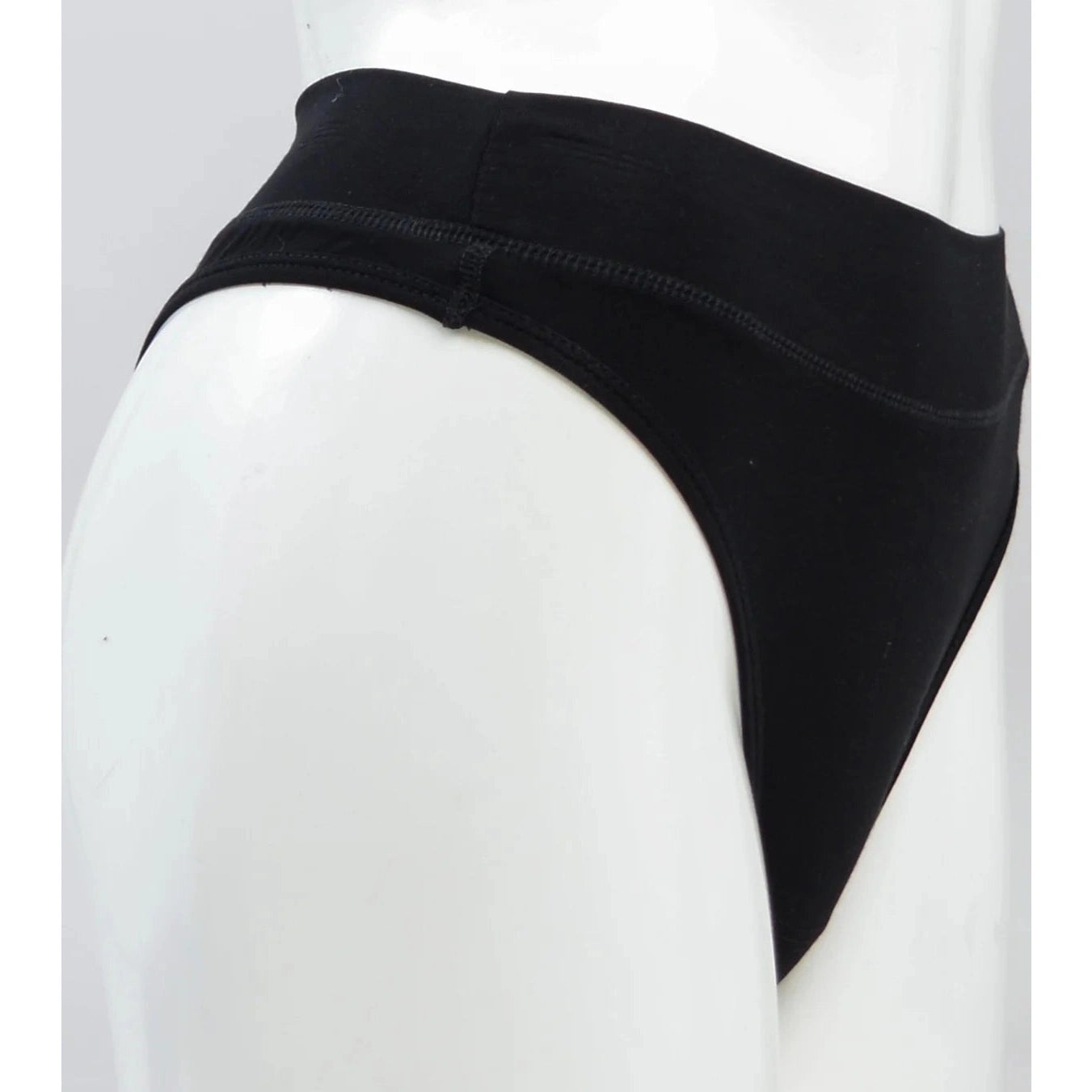Blue Sky La Thong in Black on a mannequin against a white background, showing the side view. 