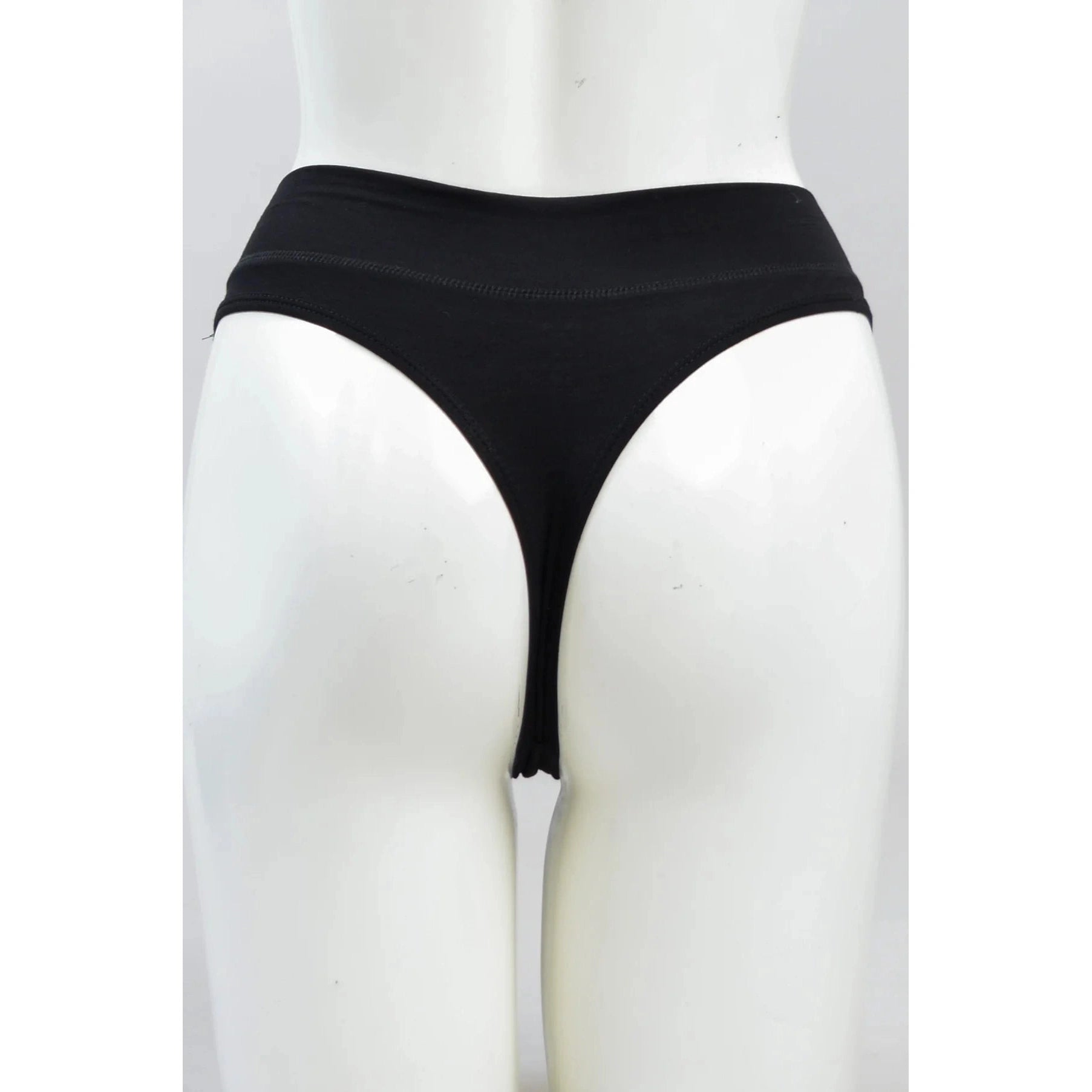 Blue Sky La Thong in Black on a mannequin against a white background, showing the back view. 