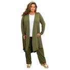 Blue Sky Priscilla Jacket in Khaki shown on a model wearing a white tank and khaki pants, standing against a white background, from the front view. 