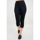 Blue Sky Riley Capris in Black shown on a model against a white background, from the front view. 