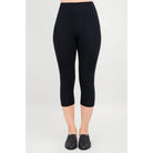 Blue Sky Riley Capris in Black shown on a model against a white background, from the front view. 