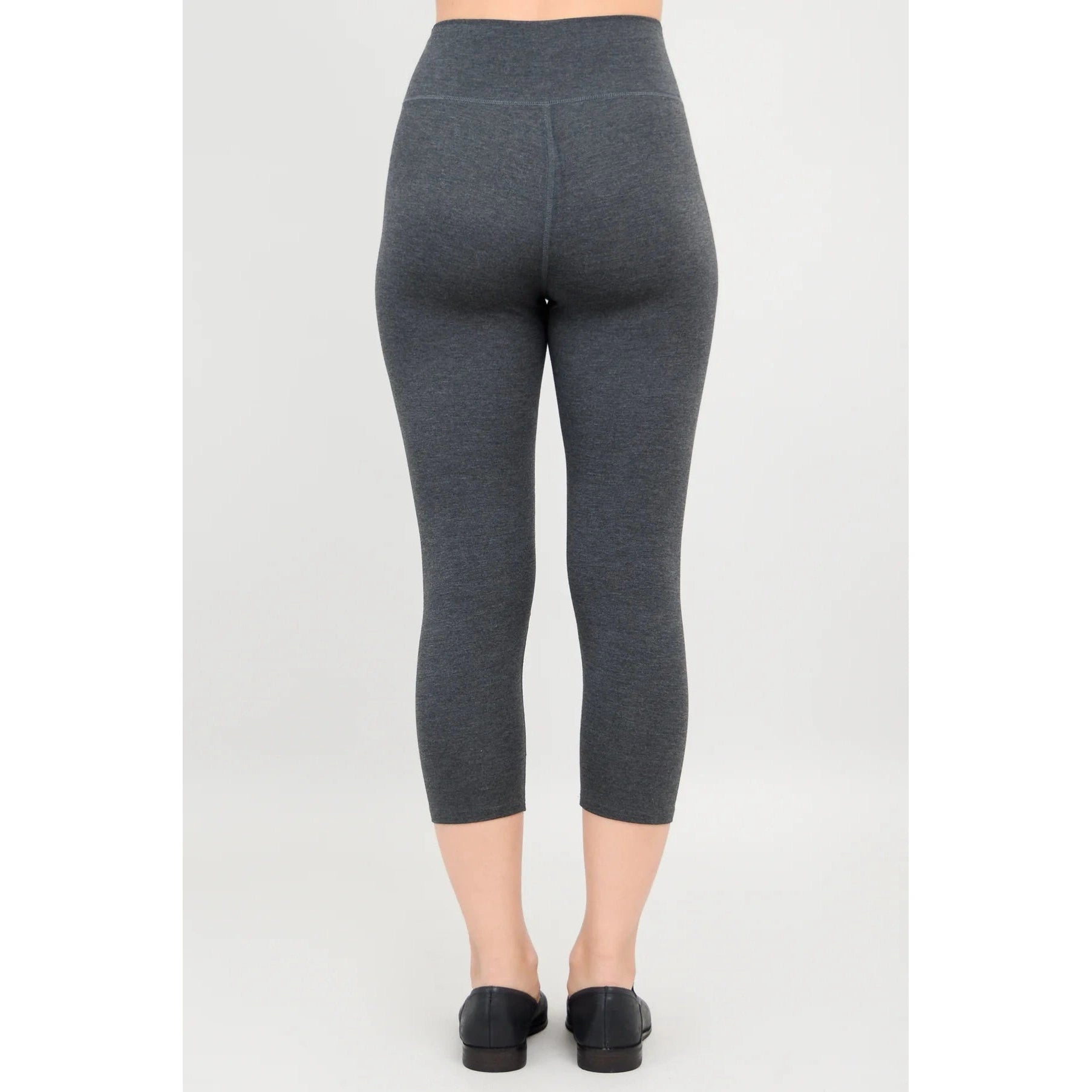 Blue Sky Riley Capris in Graphite shown on a mode against a white background, from the back view. 
