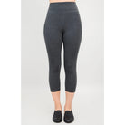 Blue Sky Riley Capris in Graphite shown on a mode against a white background, from the front view. 