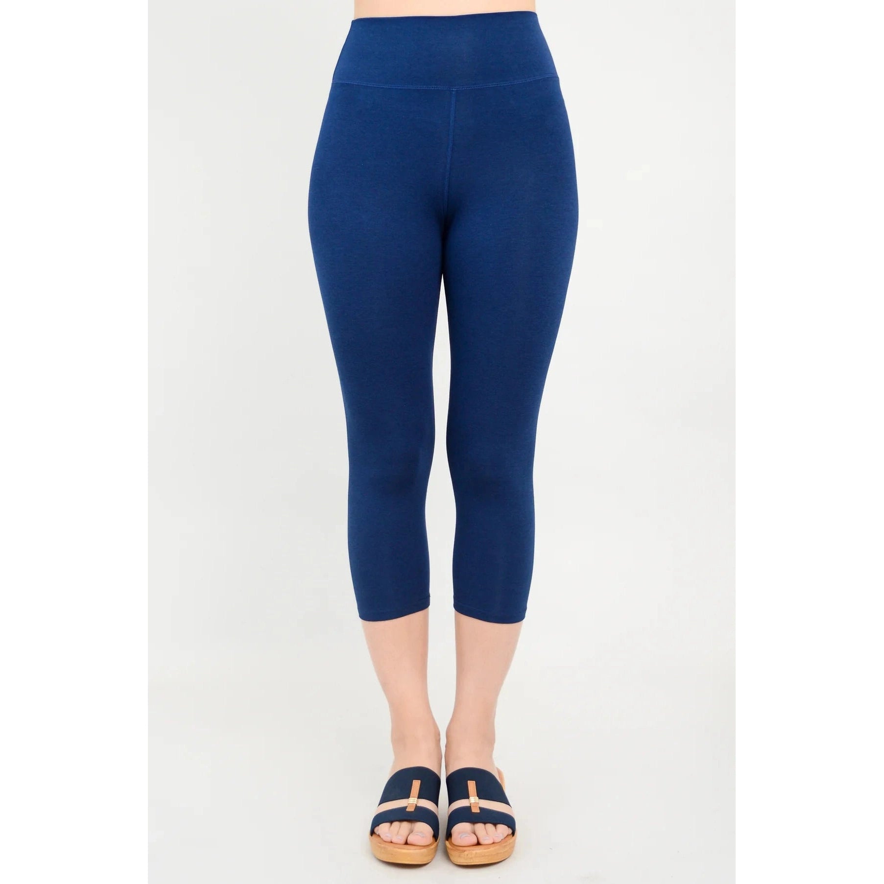 Blue Sky Riley Capris in Indigo shown on a model against a white background, from the front view. 