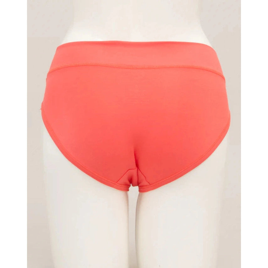 Blue Sky The Hipster Panty in Coral orange shown on a mannequin against a white background, from the back view. 