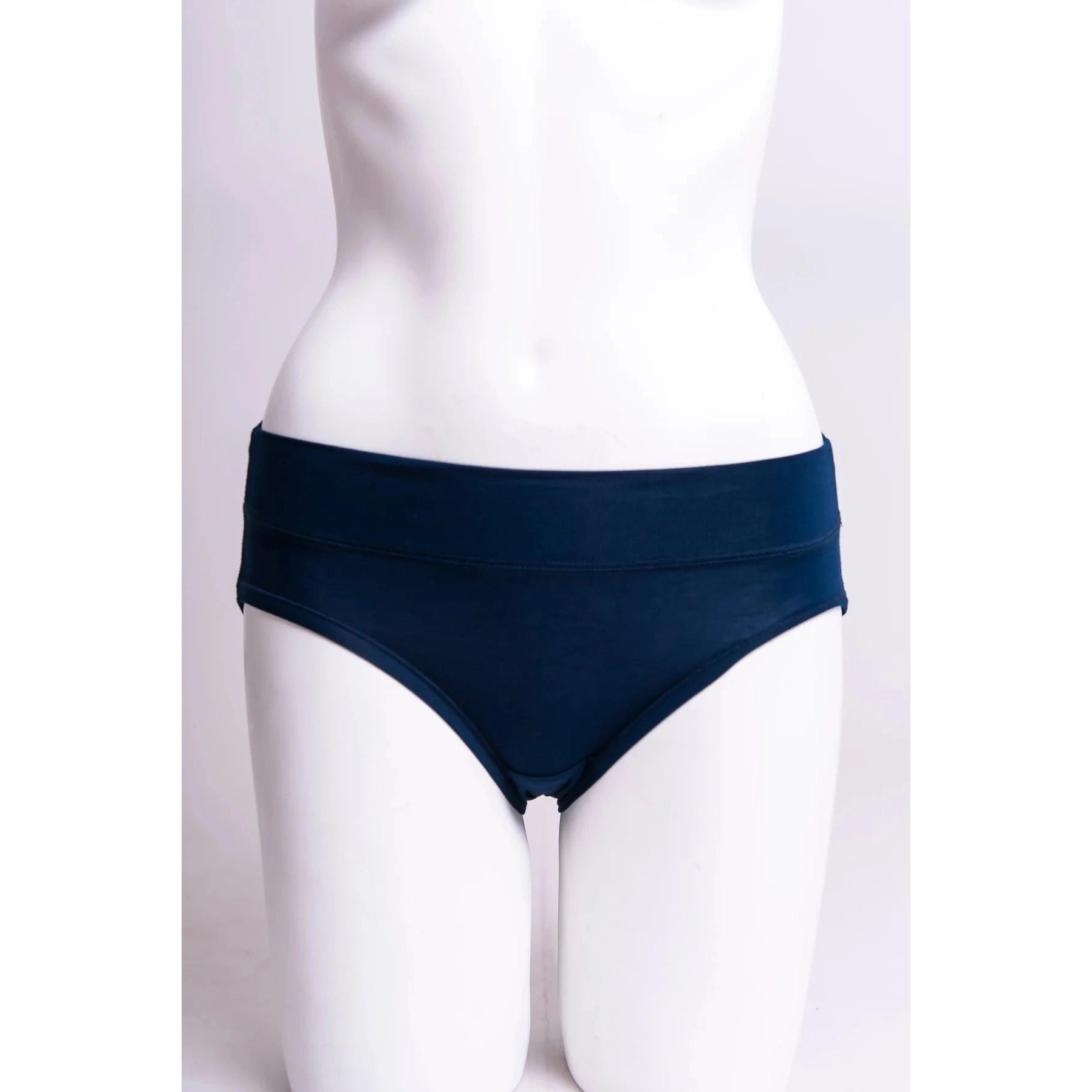 Blue Sky The Hipster panty in Indigo blue shown on a mannequin against a white background, from the front view.
