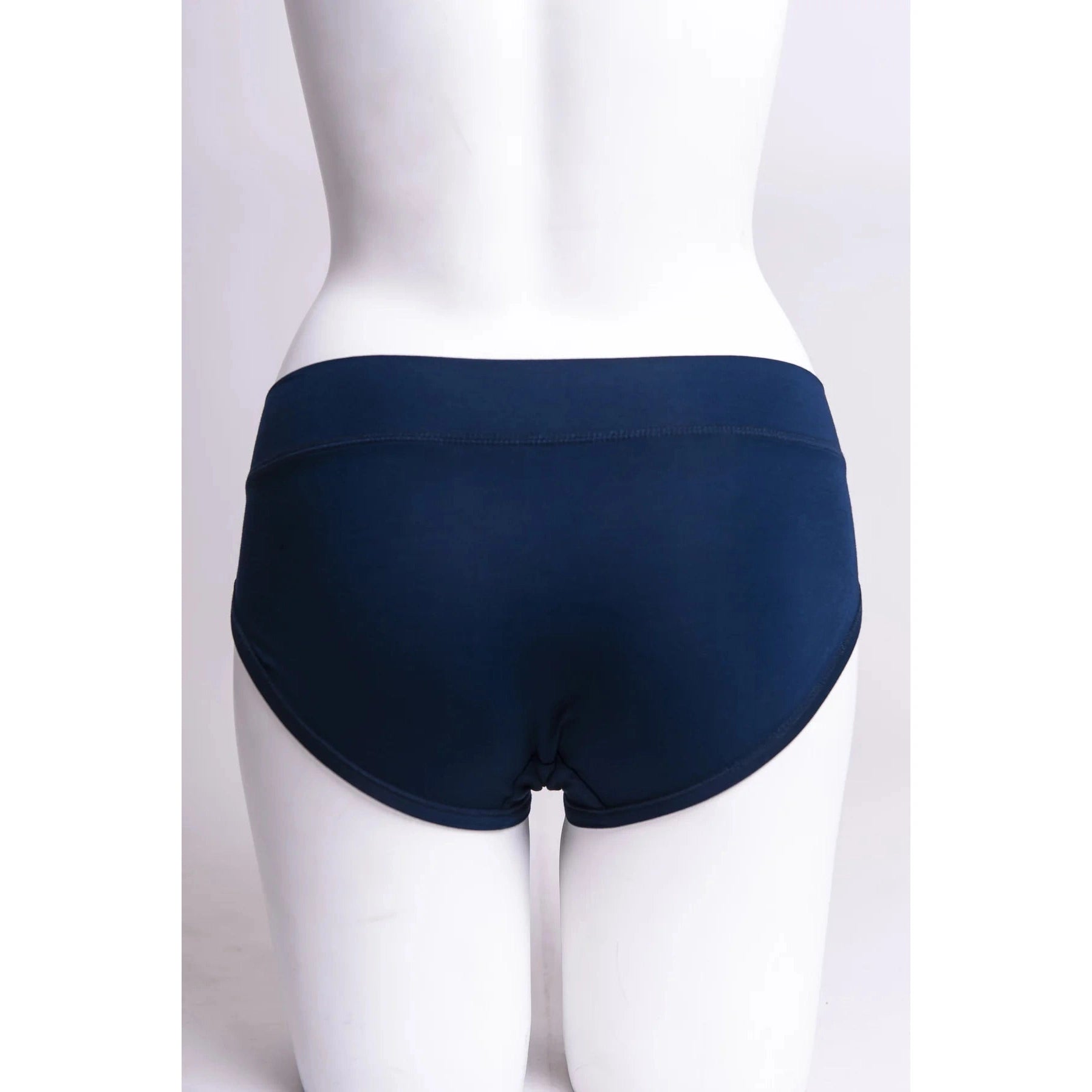 Blue Sky The Hipster panty in Indigo blue shown on a mannequin against a white background, from the back view. 