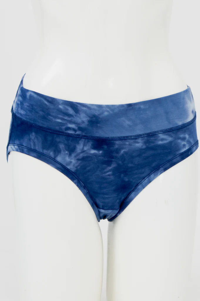 Blue Sky The Hipster panty in Tie Dye shown on a mannequin against a white background, from the front view. 