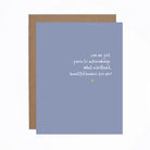 Blue card with white text and brown envelope on a white background