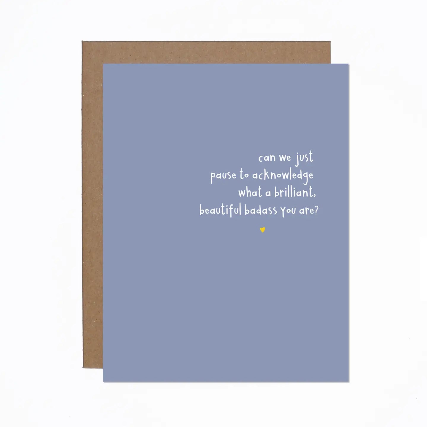 Blue card with white text and brown envelope on a white background