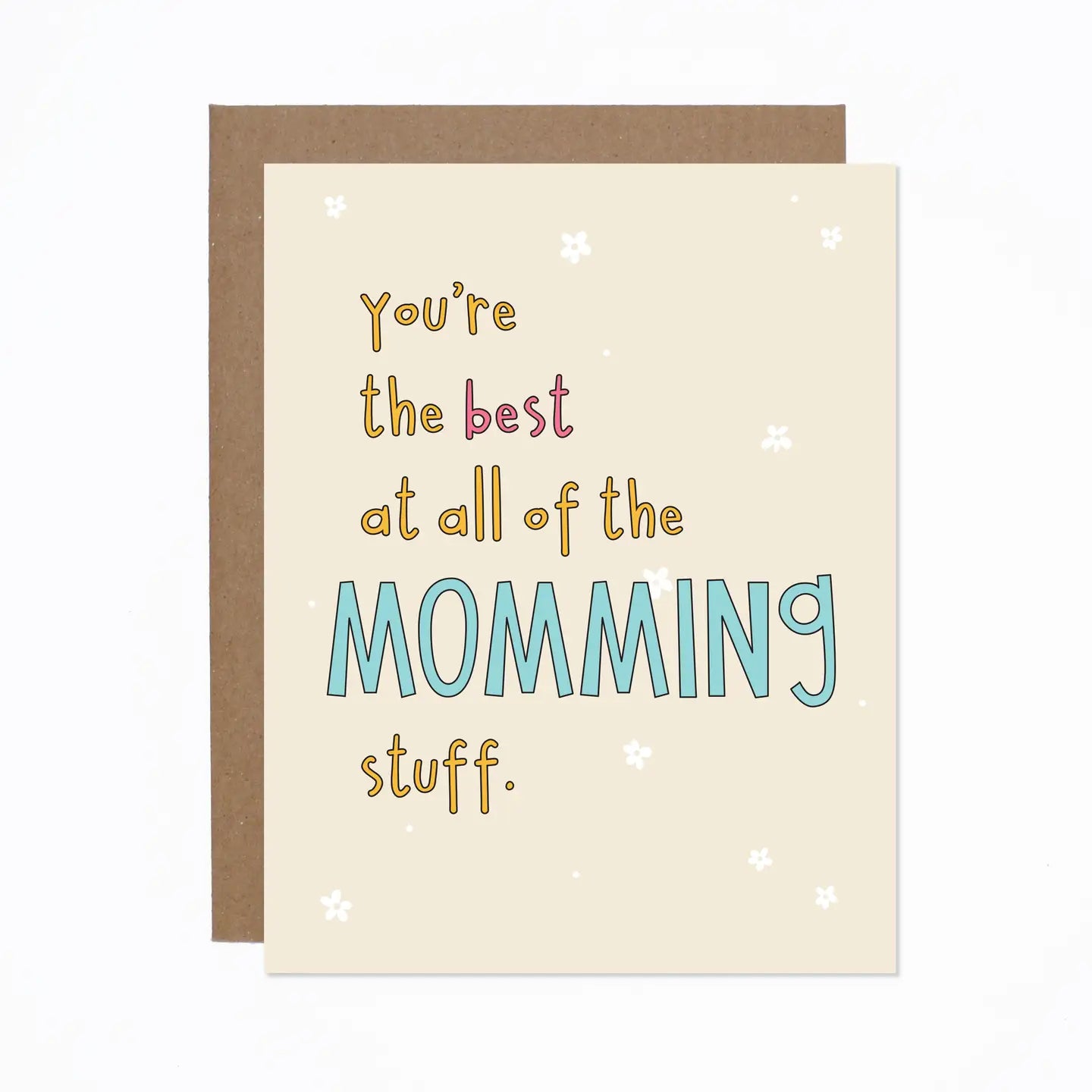 Greeting card with colorful text on a beige background