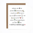 Birthday card with celebratory text and illustrations on a white background
