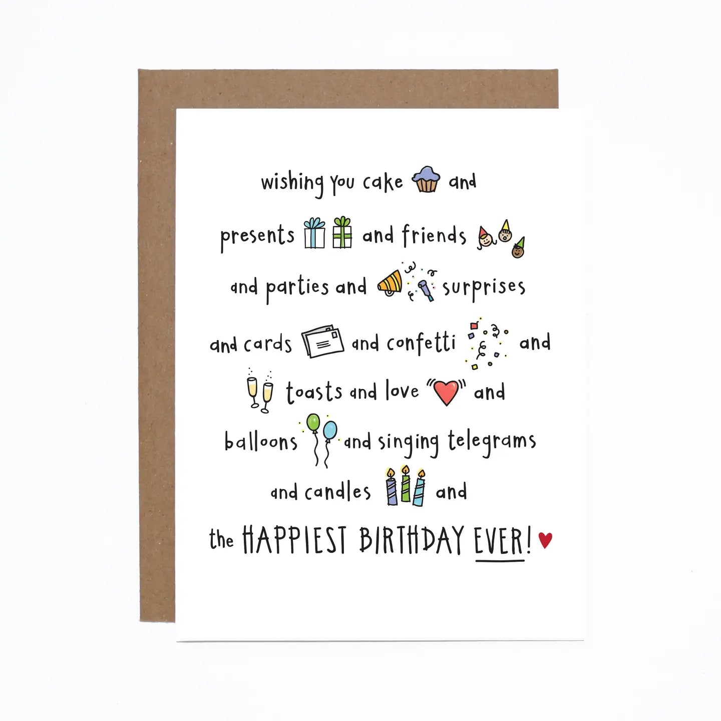 Birthday card with celebratory text and illustrations on a white background