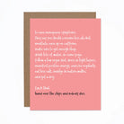 A greeting card with a pink background featuring text that provides advice on managing menopause symptoms. The card is accompanied by a brown envelope.