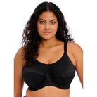 Woman wearing the Elomi Energise Sports Bra in black with a view of the front. 