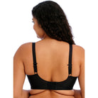 Woman wearing the Elomi Energise Sports Bra in black with a view of the back, straps straight. 