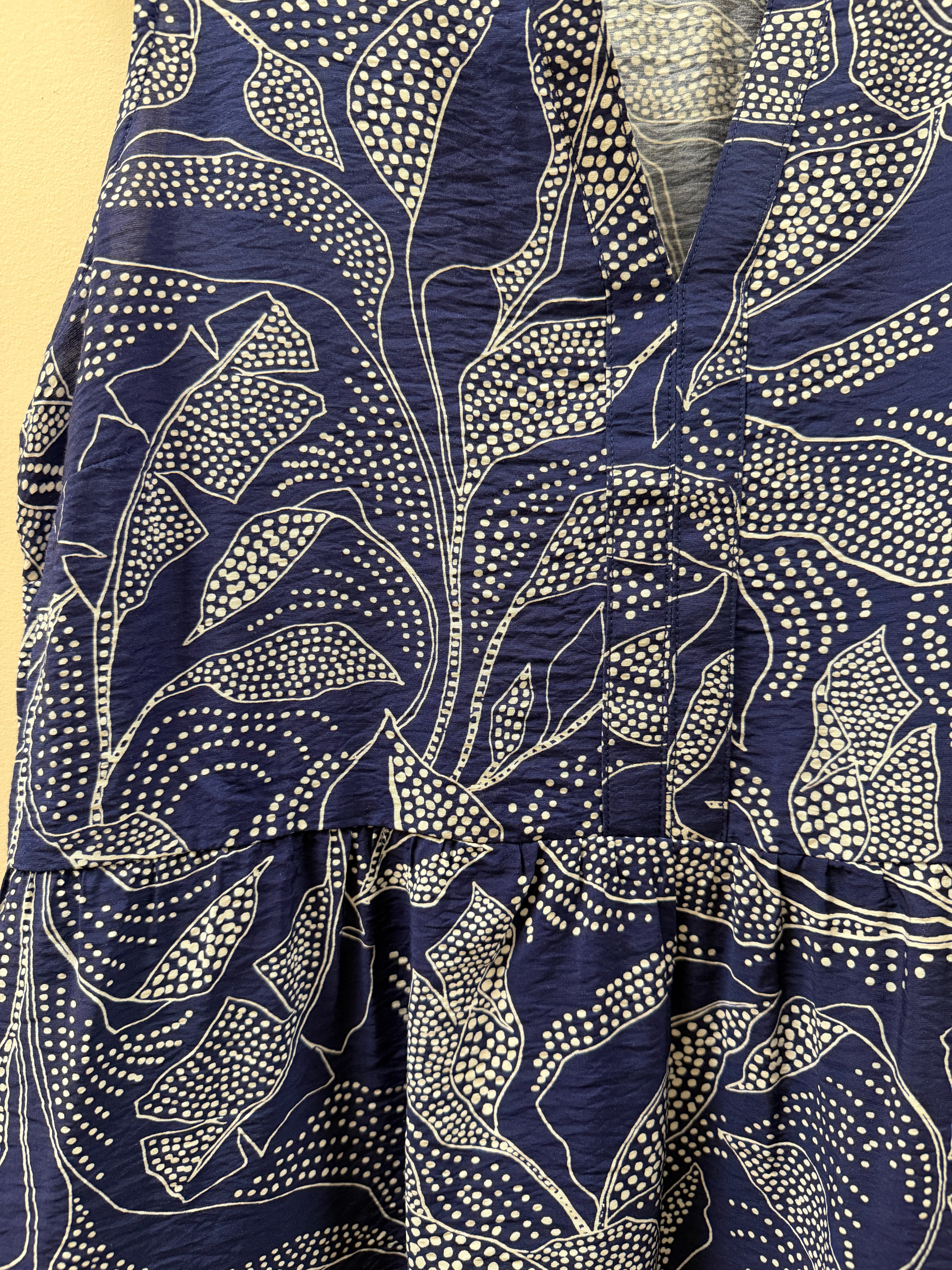 Navy blue fabric with white floral pattern