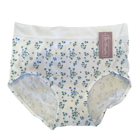 Seamless high rise microfiber panties with high-cut leg openings in white with a blue floral printed pattern, shown against a white background. 
