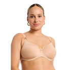 Montelle Sublime Spacer bra in Sand shown on a model against a white background.