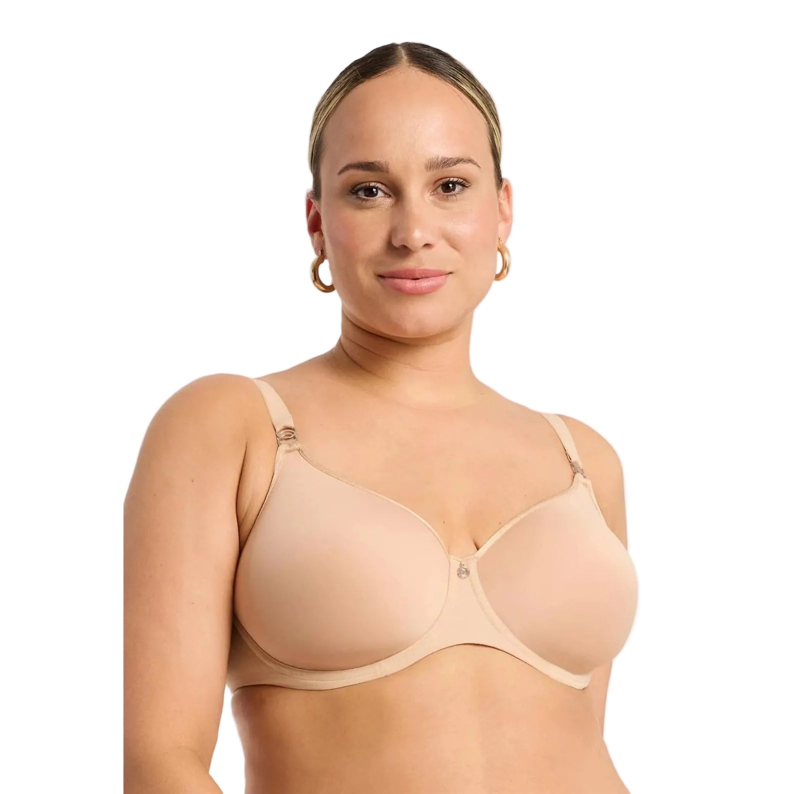 Montelle Sublime Spacer bra in Sand shown on a model against a white background.