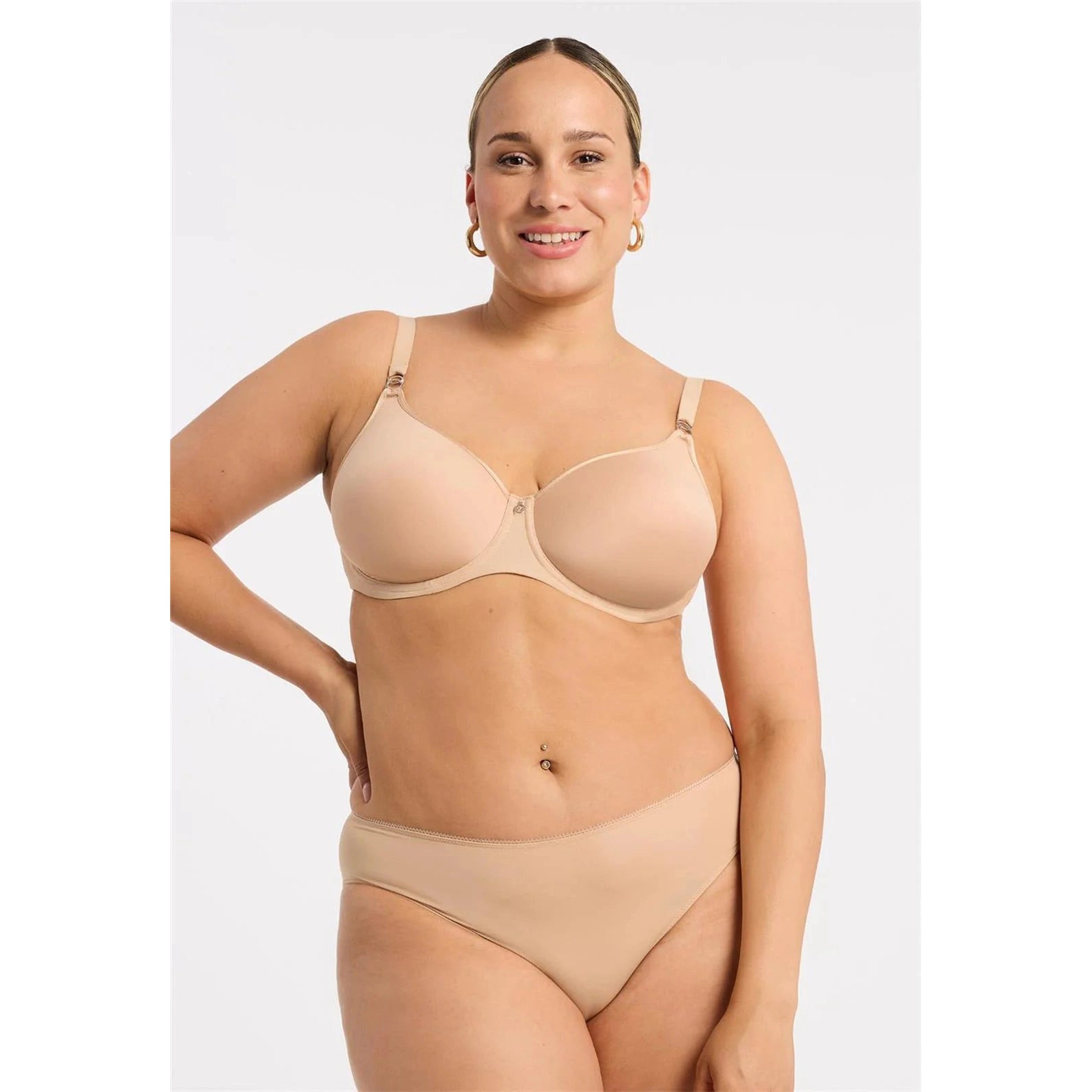 Montelle Sublime Spacer bra in Sand shown on a model against a white background with the matching panty. 