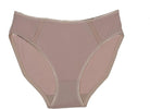 Rufina High Cut Microfiber Bikini panty with mesh insert at hips in beige shown against a white background. 