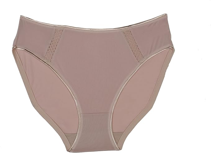 Rufina High Cut Microfiber Bikini panty with mesh insert at hips in beige shown against a white background. 
