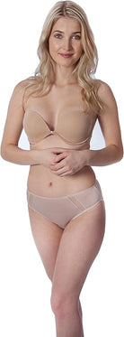 Rufina High Cut Microfiber Bikini panty with mesh insert at hips in beige shown on a model against a white background. 