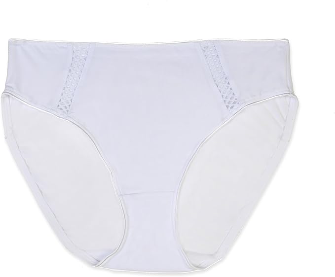 Rufina High Cut Microfiber Bikini panty with mesh insert at hips in white shown against a white background. 