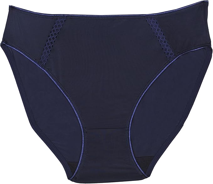 Rufina High Cut Microfiber Bikini panty with mesh insert at hips in navy shown against a white background. 