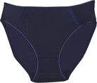 Rufina High Cut Microfiber Bikini panty with mesh insert at hips in navy shown against a white background. 
