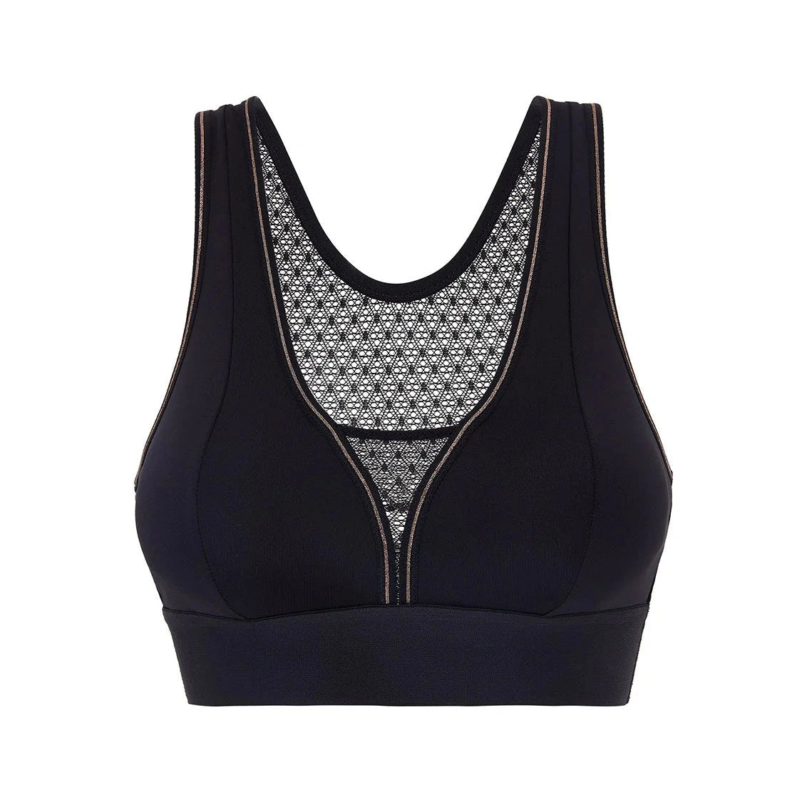 Harmony Wireless Sports Bra in black shown against a white background. 
