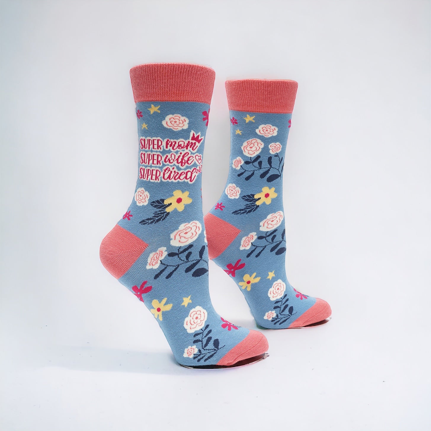 Pair of Super Mom socks with floral design and text on a white background