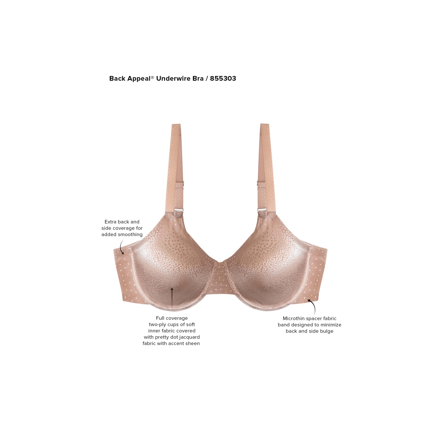 Back Appeal Seamless Bra in Rose Dust shown against a white background with text highlighting the key features. 