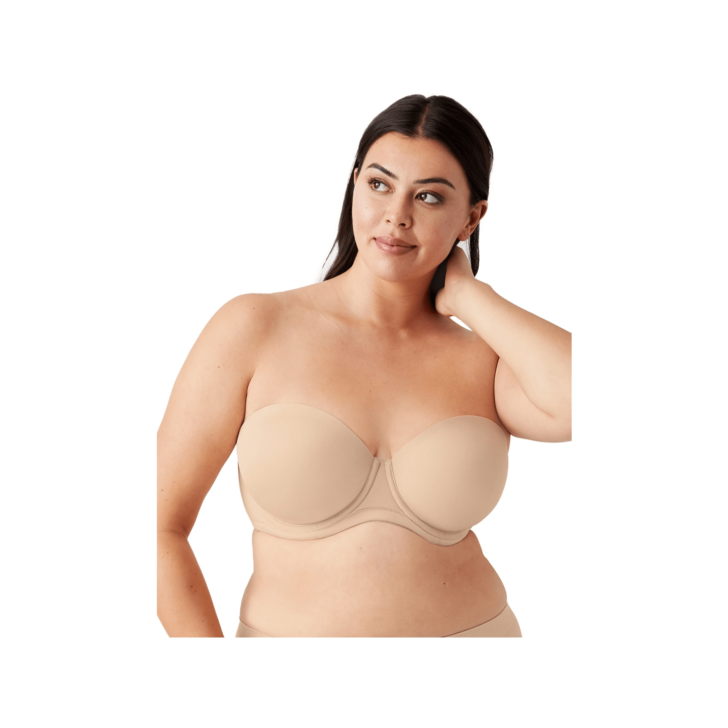 Wacoal Red Carpet Strapless Bra beige bra shown on model. 