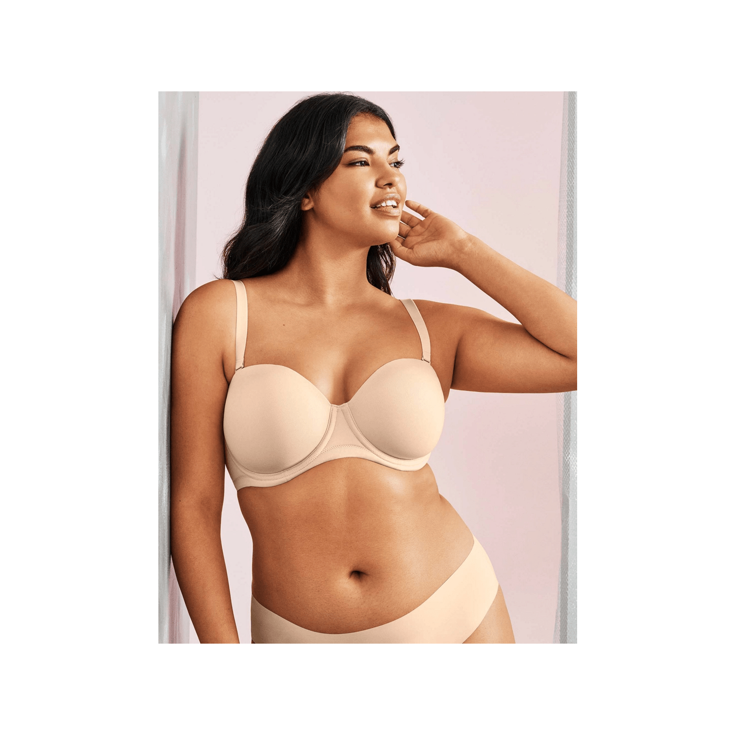 Wacoal Red Carpet Strapless Bra beige bra shown on model wearing it with straps on. 