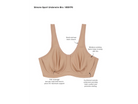 Beige sports bra with text highlighting features on a white background