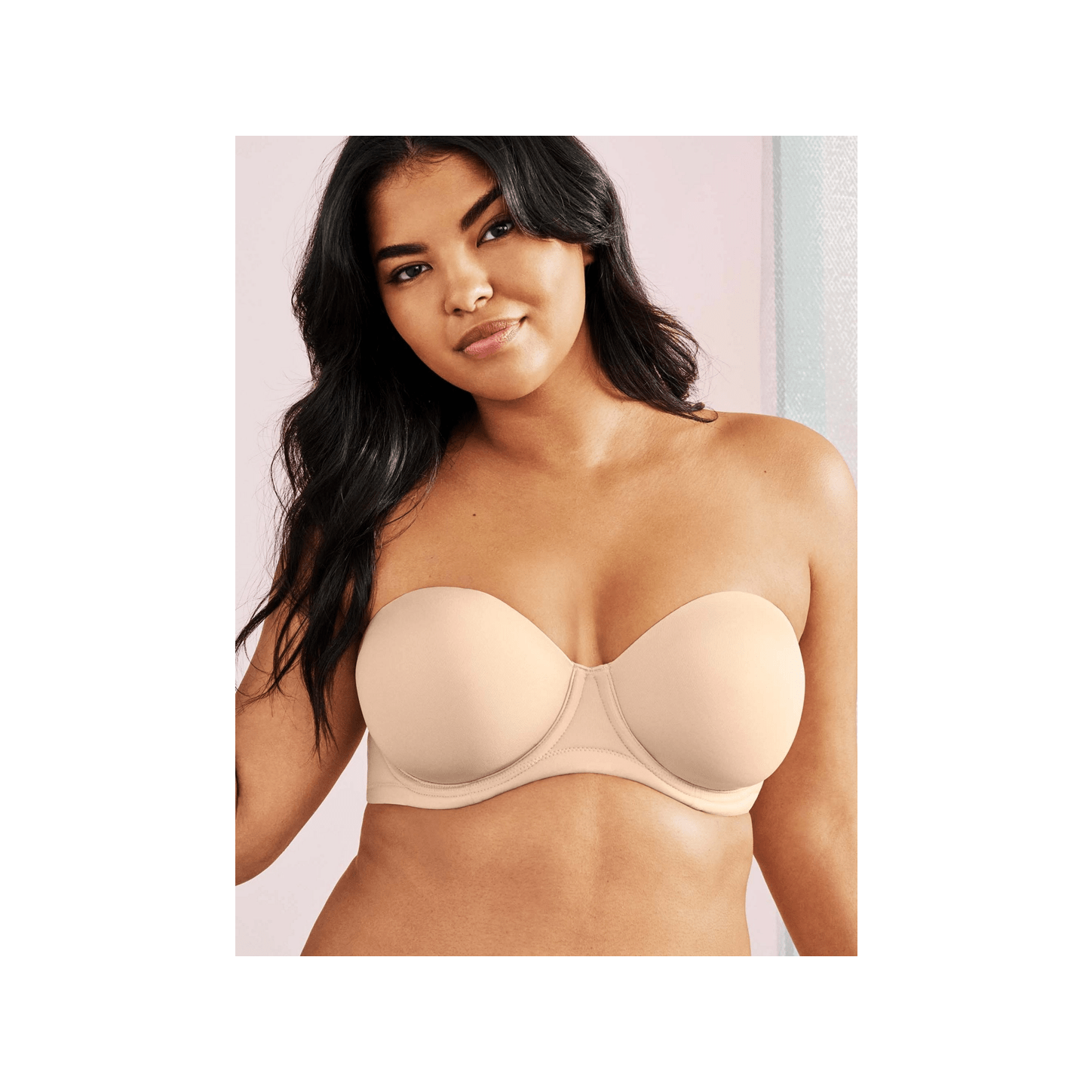 Wacoal Red Carpet Strapless Bra beige bra shown on model. 